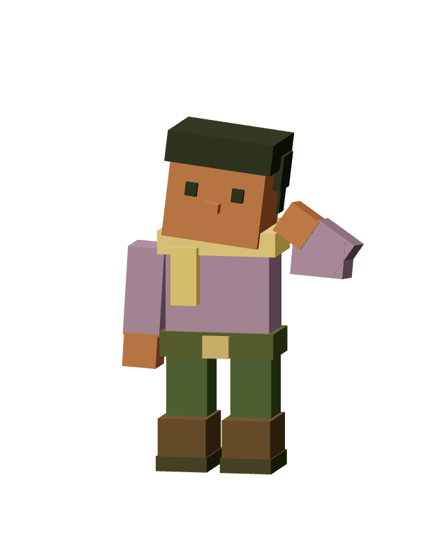 A purple-clad blocky adventurer leaning beside the title